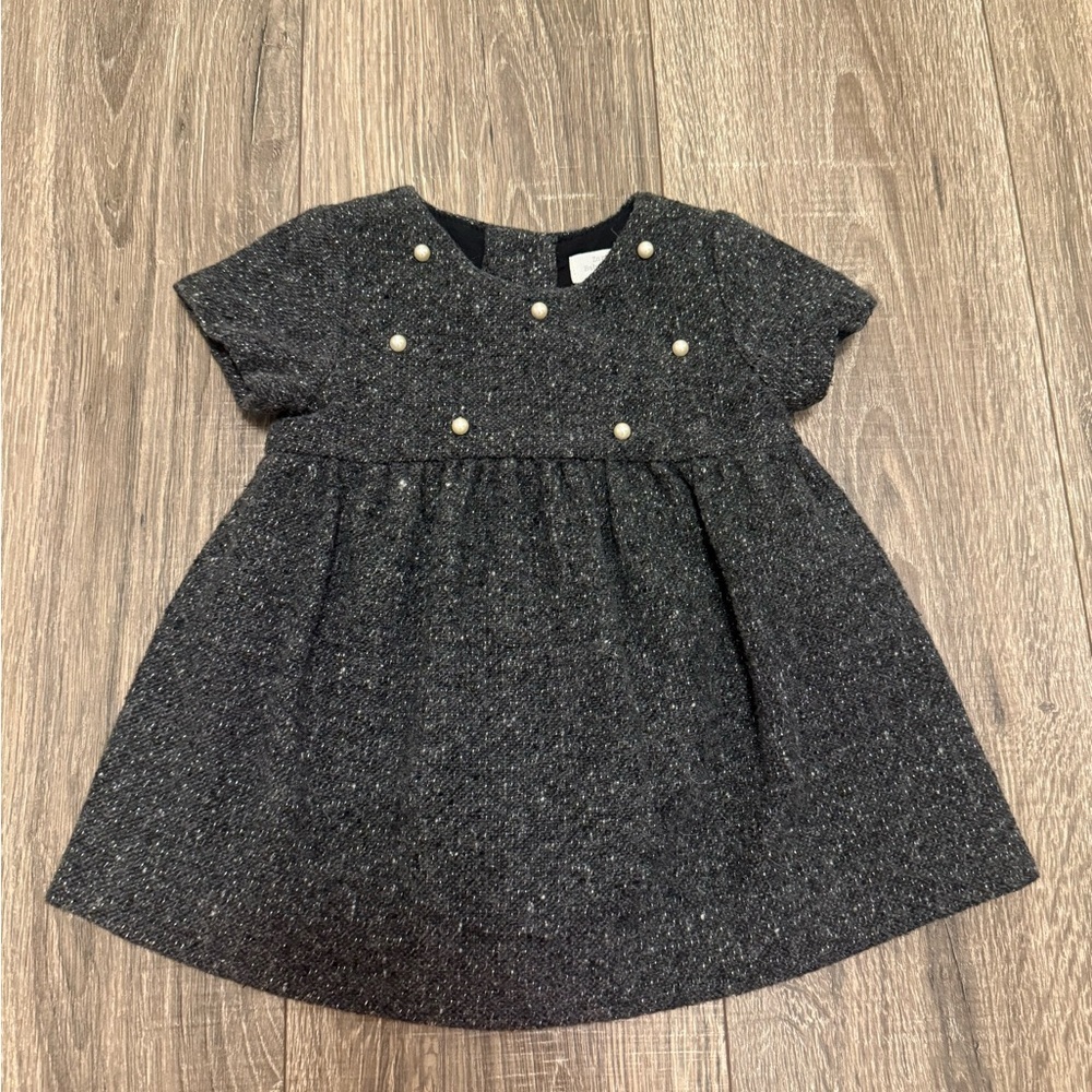 ZARA Baby Girl Dark Gray Tweed Dress Pearl Embellished Size 9-12 months S/S